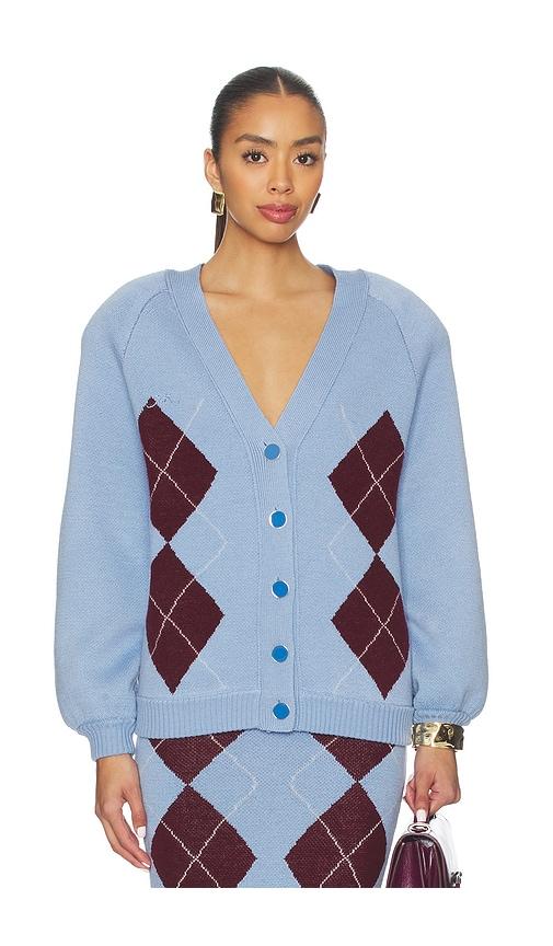 rowen rose knit cardigan in baby blue.