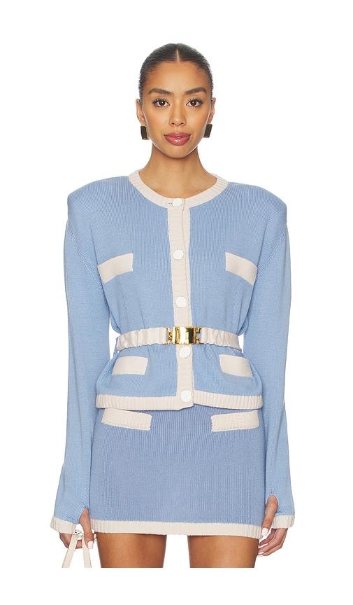 rowen rose knit cardigan in baby blue.