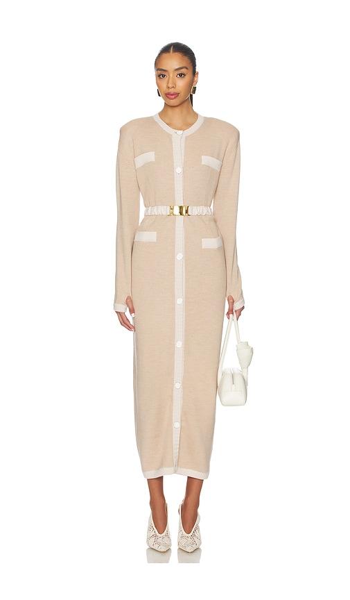 rowen rose knit maxi dress in beige.