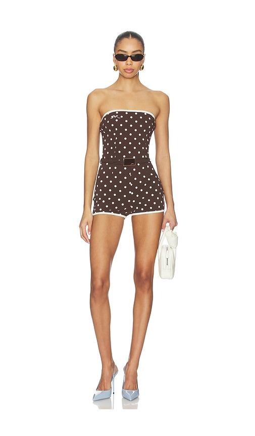 rowen rose polka dots bustier mini jumpsuit in brown.
