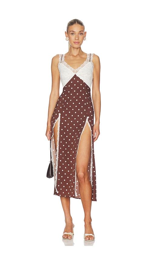 rowen rose polka dots long dress in brown.
