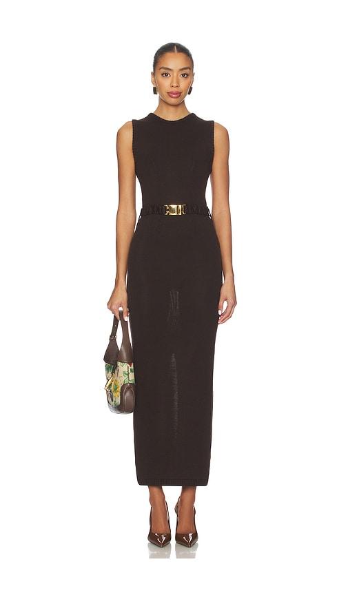 rowen rose x revolve boatneck midi dress in brown.