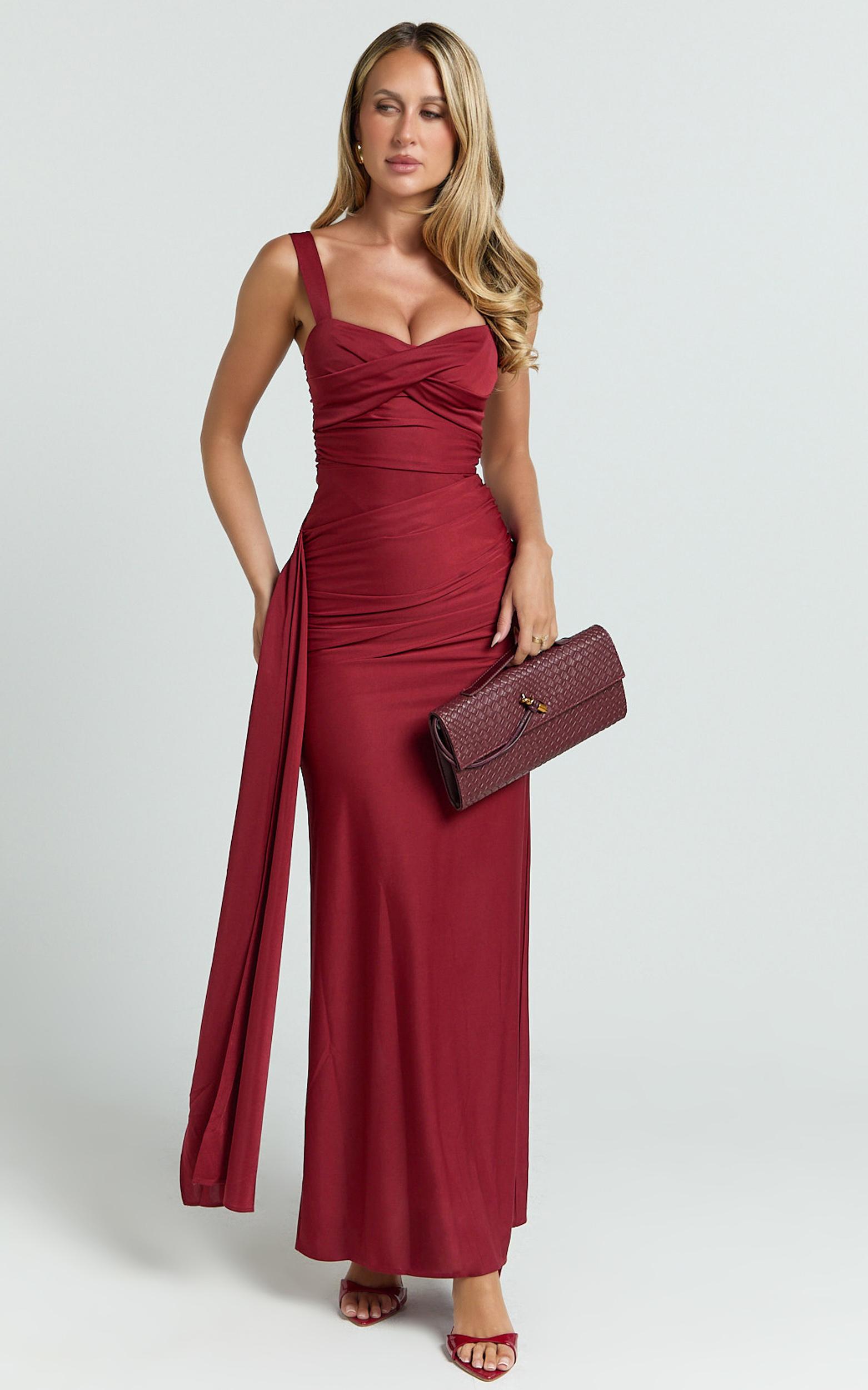 roxanne maxi dress - sweetheart neck gathered bodycon dress in red