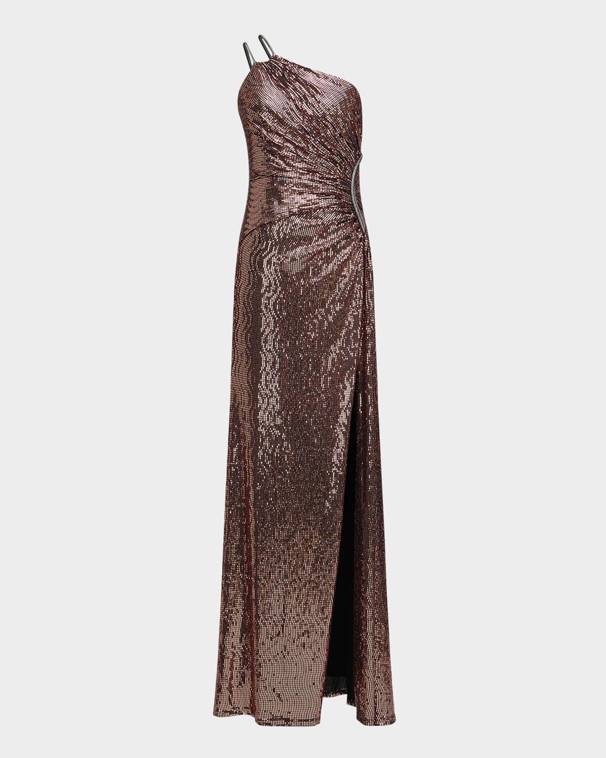 roxanne one-shoulder metallic gown