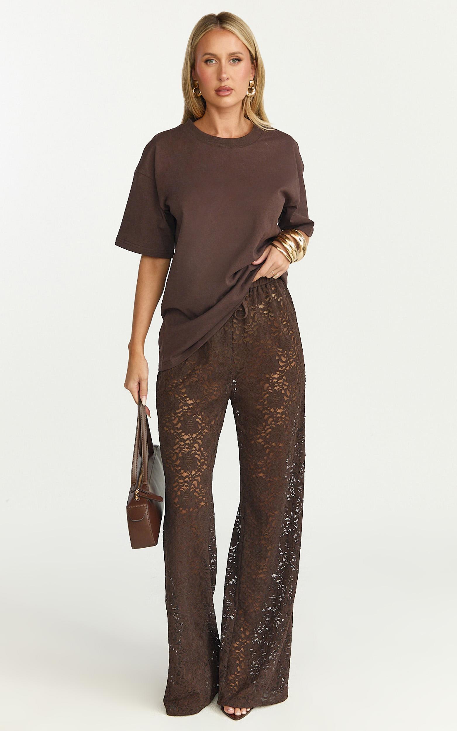 roxy pants - high waist lace relaxed drawstring pants in chocolate