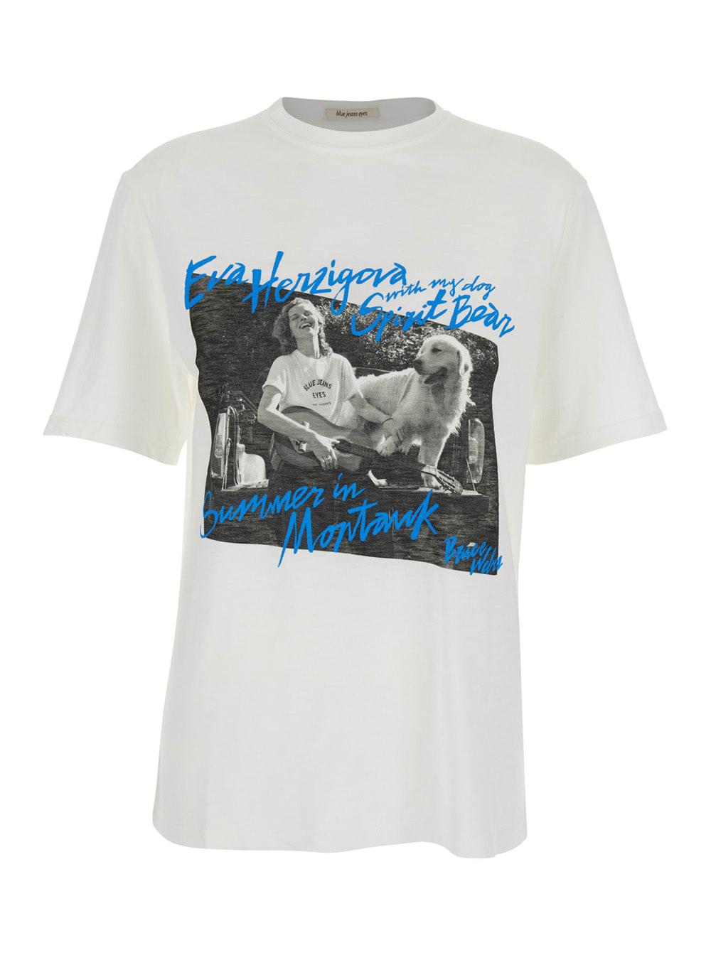 roy rogers t-shirt montauk r. r.eva herzigova with round neck in white cotton for women