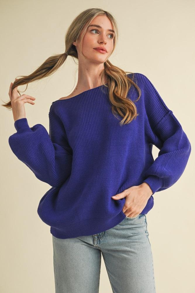 royal blue balloon sleeve boat neck knit sweater