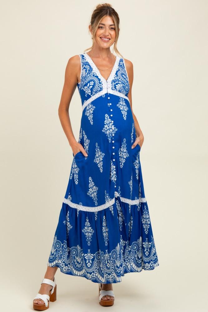 royal blue border print resort maternity maxi dress