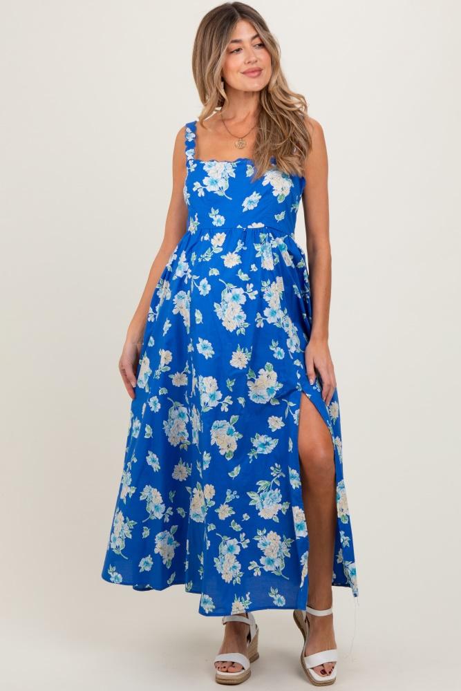 royal blue floral bold print cotton maternity maxi dress