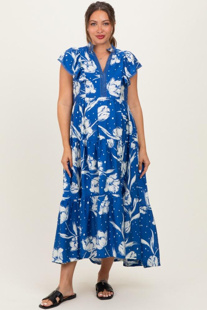royal blue floral crochet lace accent maternity midi dress