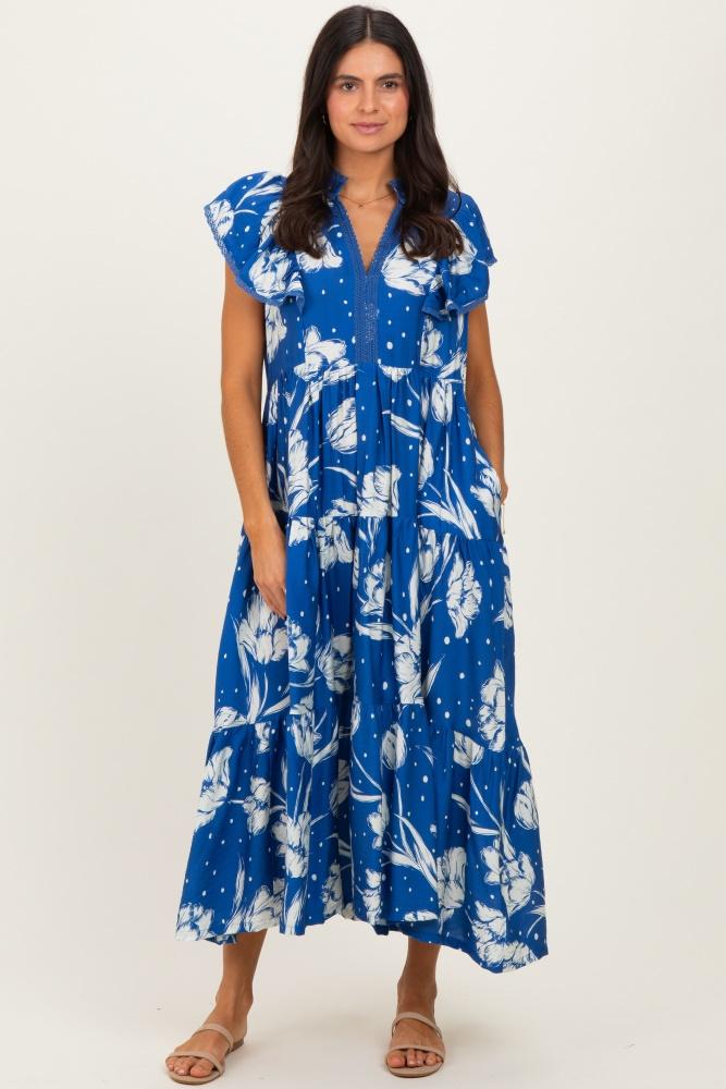 royal blue floral crochet lace accent midi dress