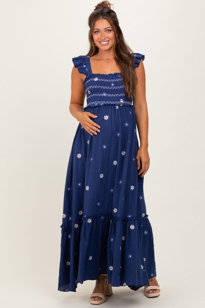 royal blue floral embroidered smocked maternity maxi dress