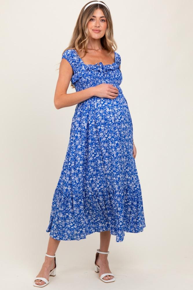 royal blue floral smocked ruffle detail maternity midi dress