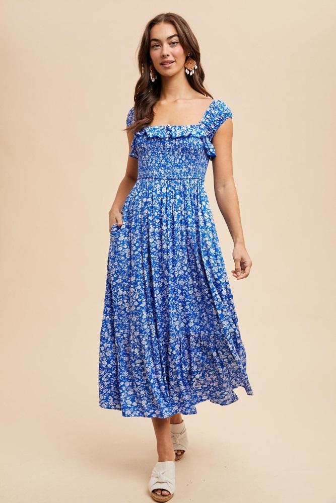 royal blue floral smocked ruffle detail midi dress