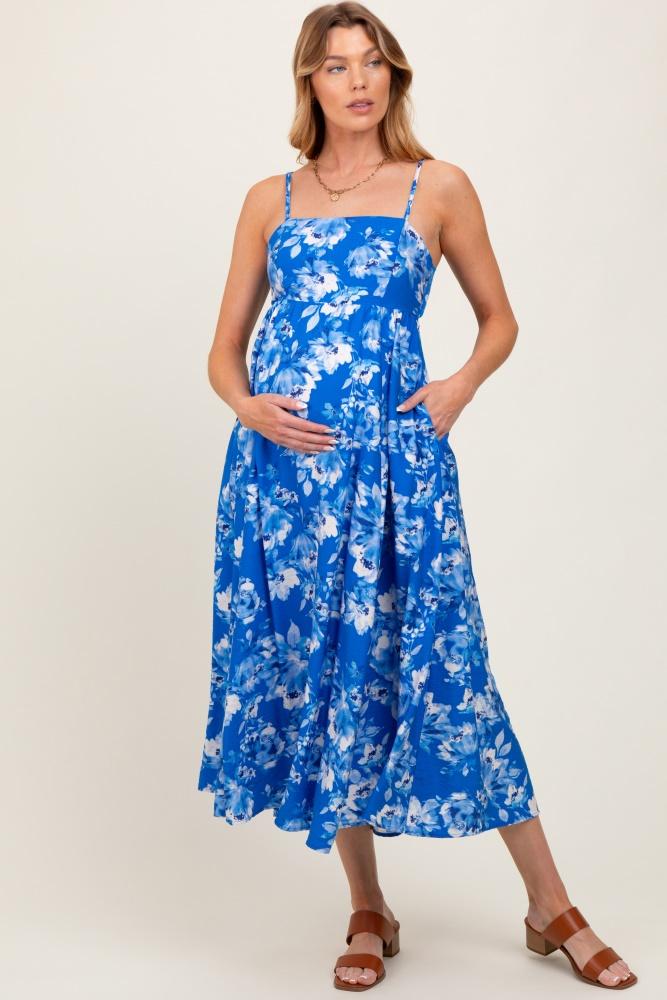 royal blue floral tie back cutout maternity midi dress