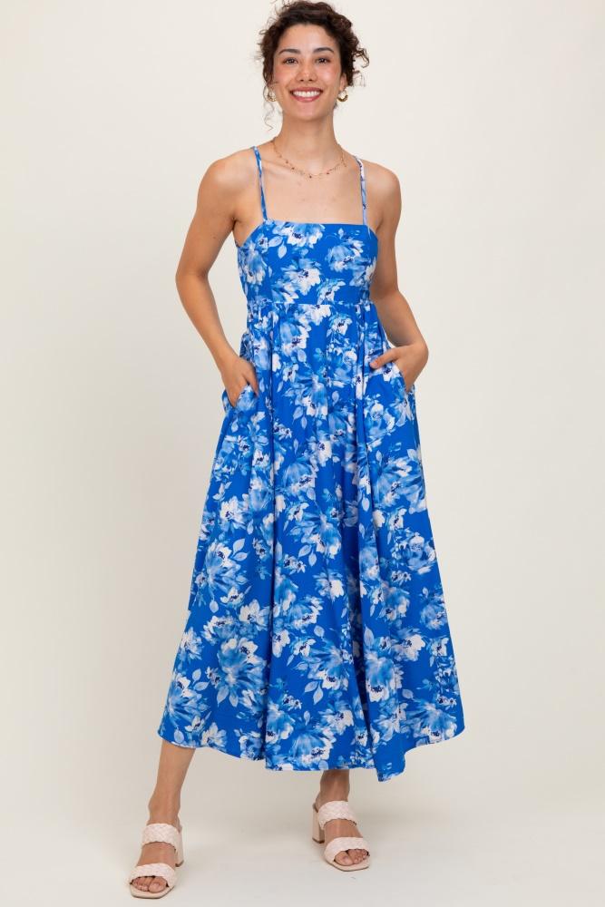 royal blue floral tie back cutout midi dress