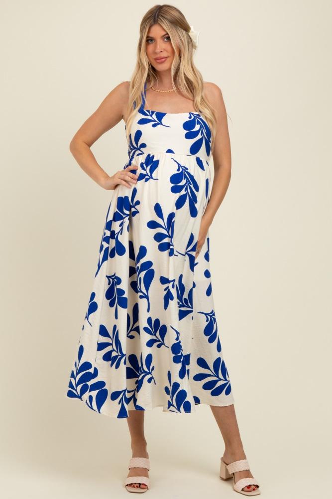royal blue leaf print tie back cutout maternity midi dress
