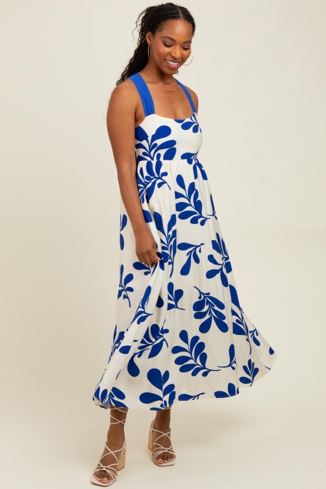 royal blue leaf print tie back cutout midi dress