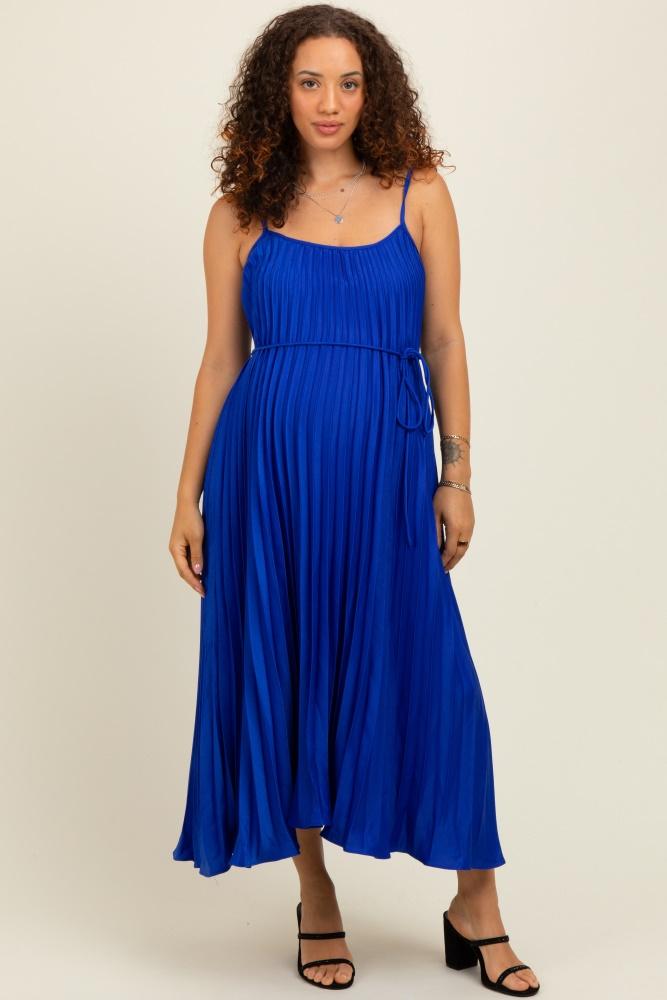 royal blue pleated sash tie maternity midi dress
