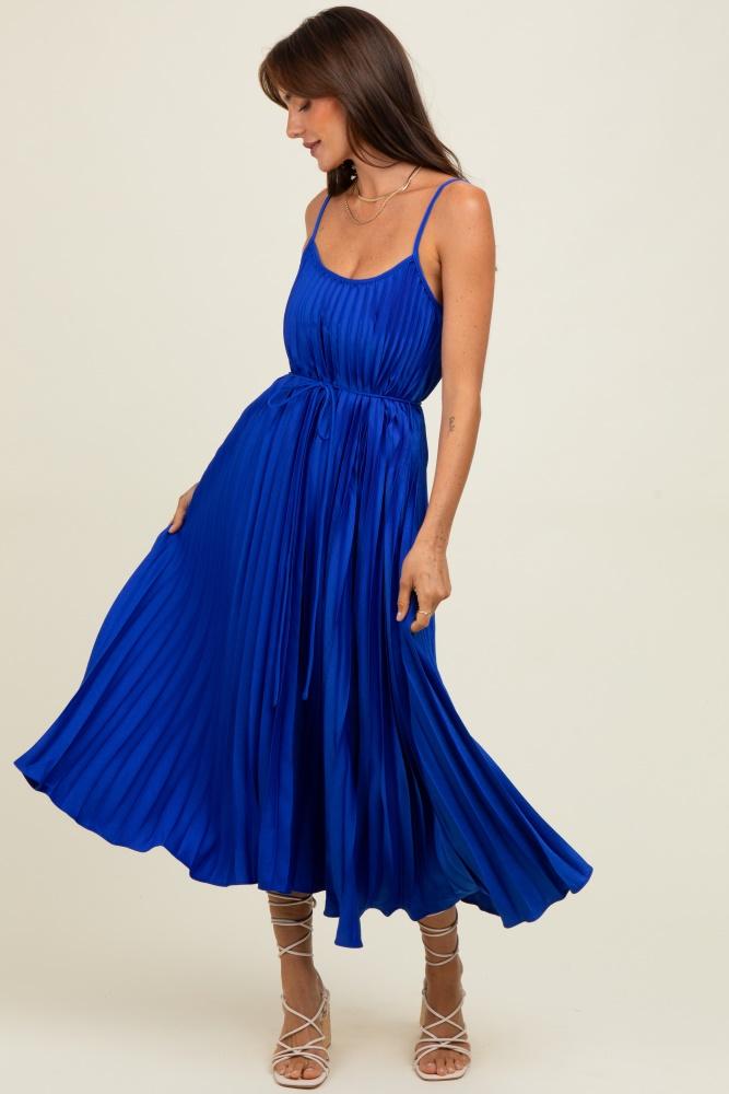 royal blue pleated sash tie midi dress