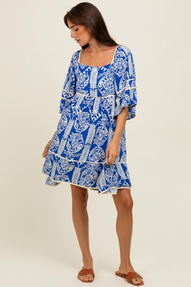 royal blue printed tie back contrast trim dress