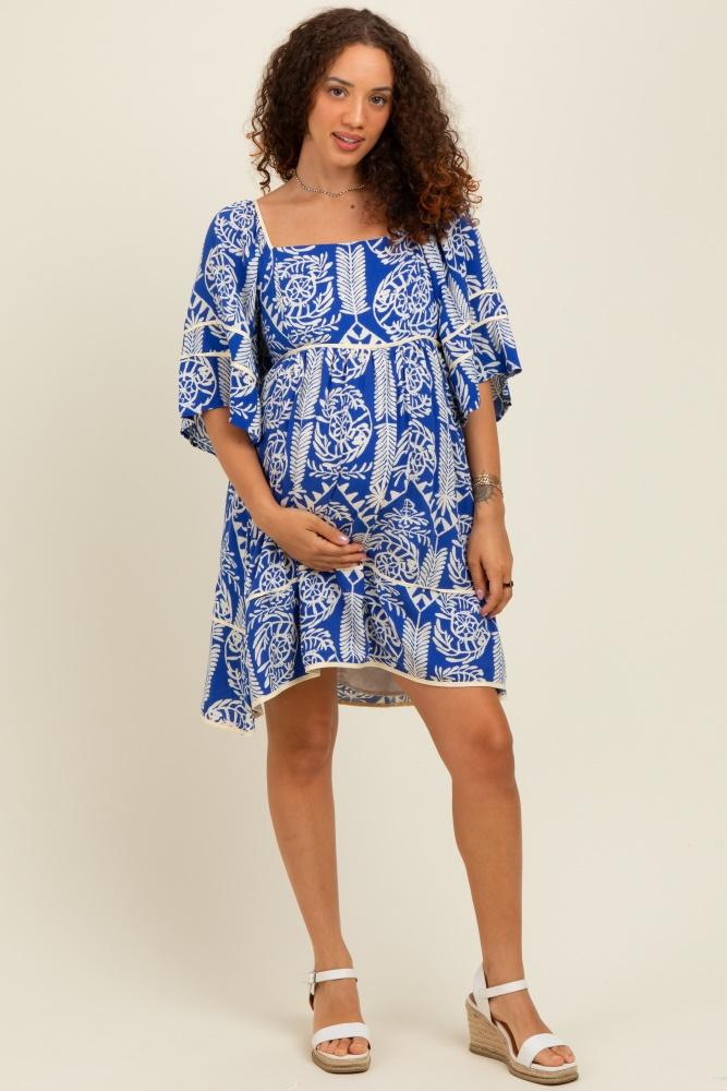 royal blue printed tie back contrast trim maternity dress
