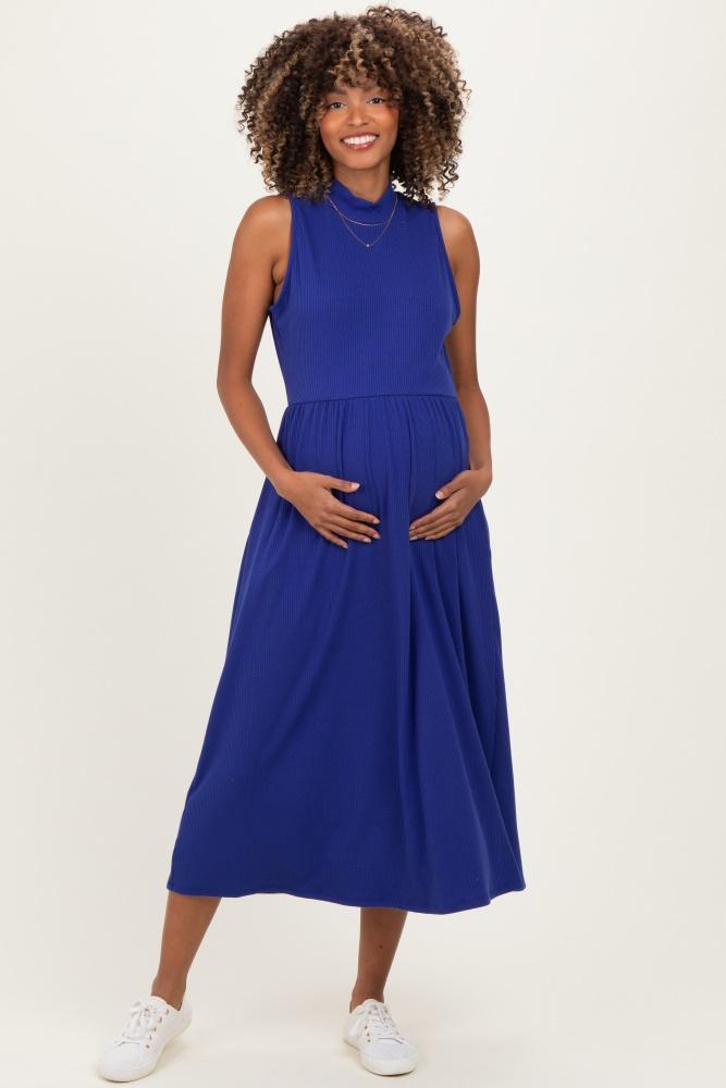 royal blue ribbed mock neck sleeveless maternity midi dress