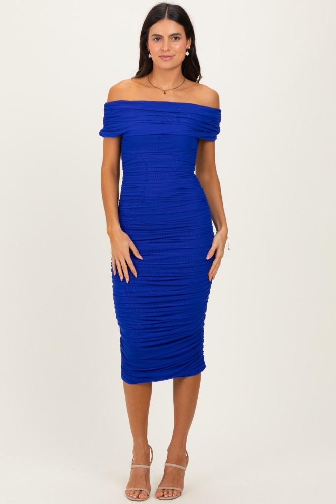 royal blue ruched mesh off shoulder midi dress
