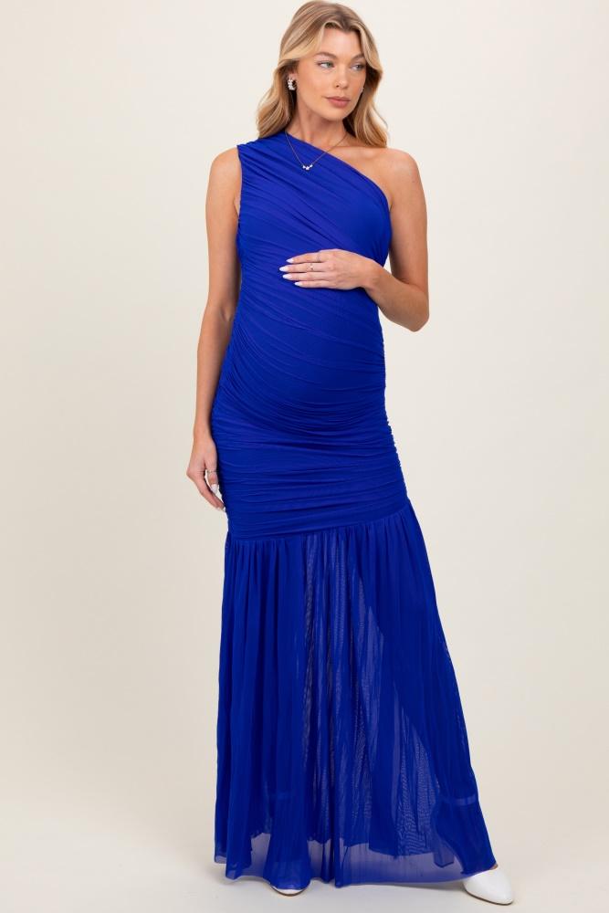 royal blue ruched mesh one shoulder maternity maxi dress