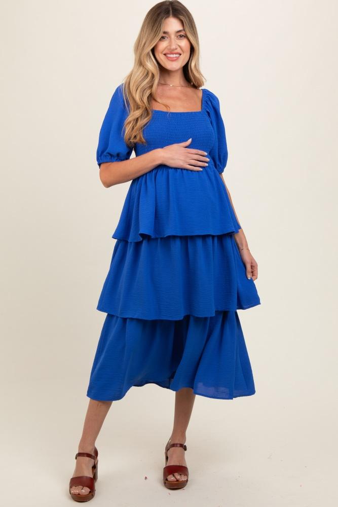 royal blue smocked body ruffled tiered maternity dress