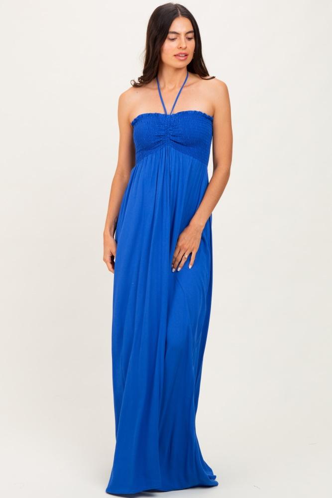 royal blue smocked halter maxi dress