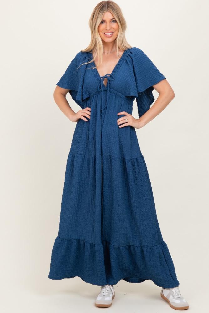 royal blue textured flutter sleeve v-neck tiered maxi dress