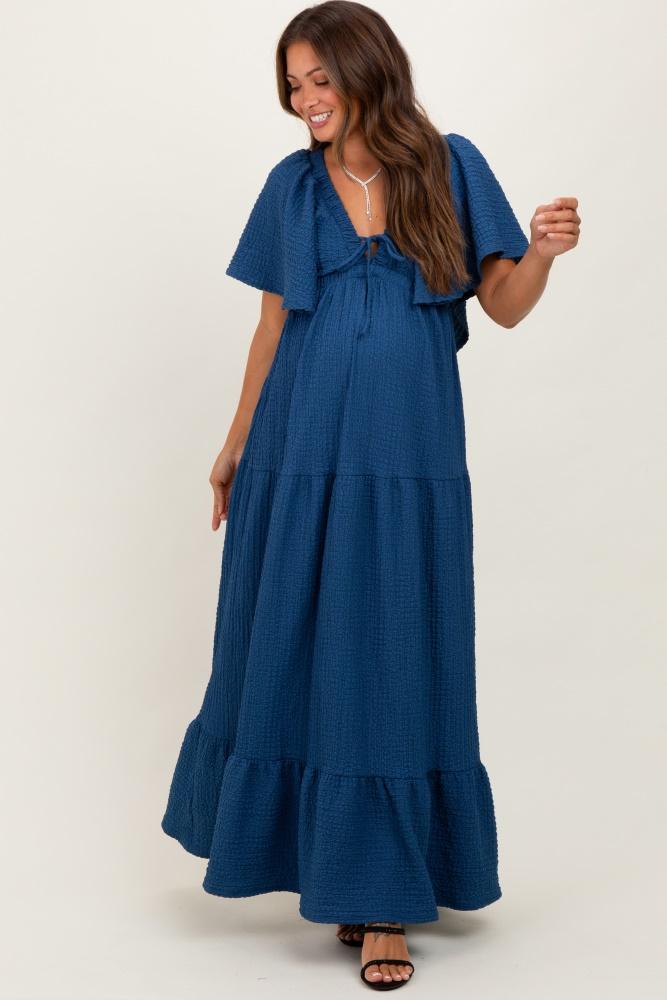 royal blue woven textured flutter sleeve v-neck tiered maternity maxi dress