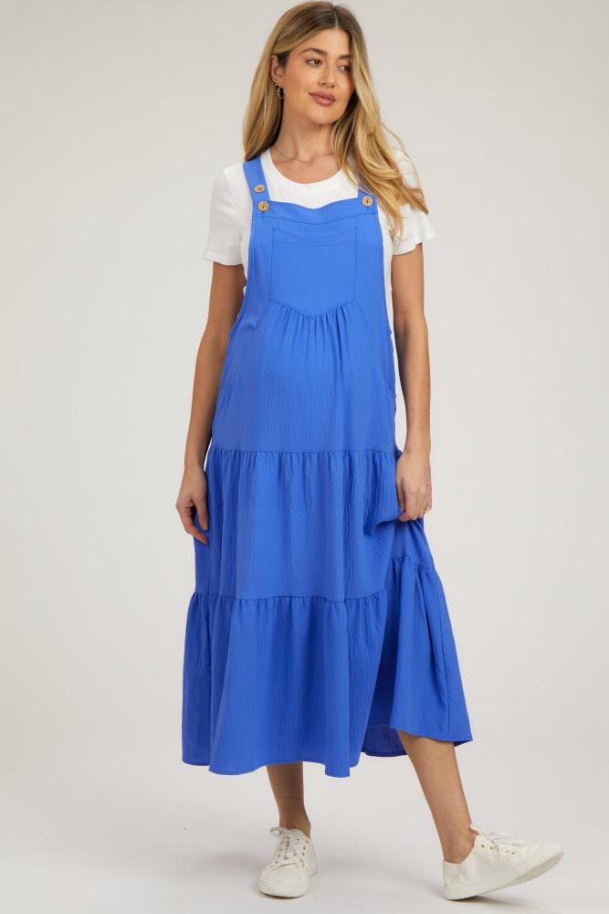 royal button sling tiered maternity midi dress