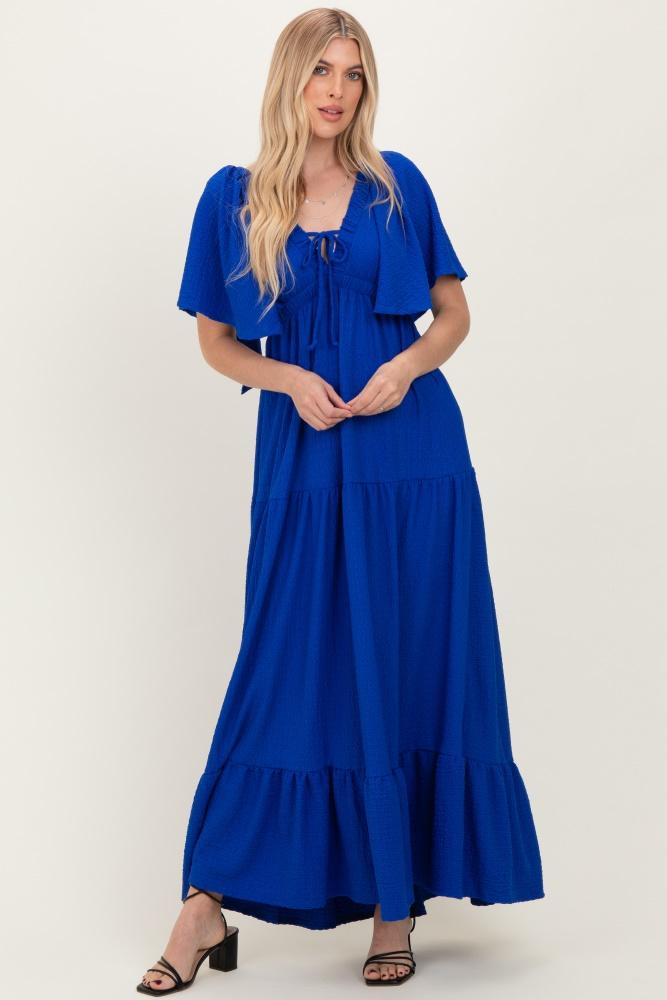 royal woven textured flutter sleeve v-neck tiered maxi dress