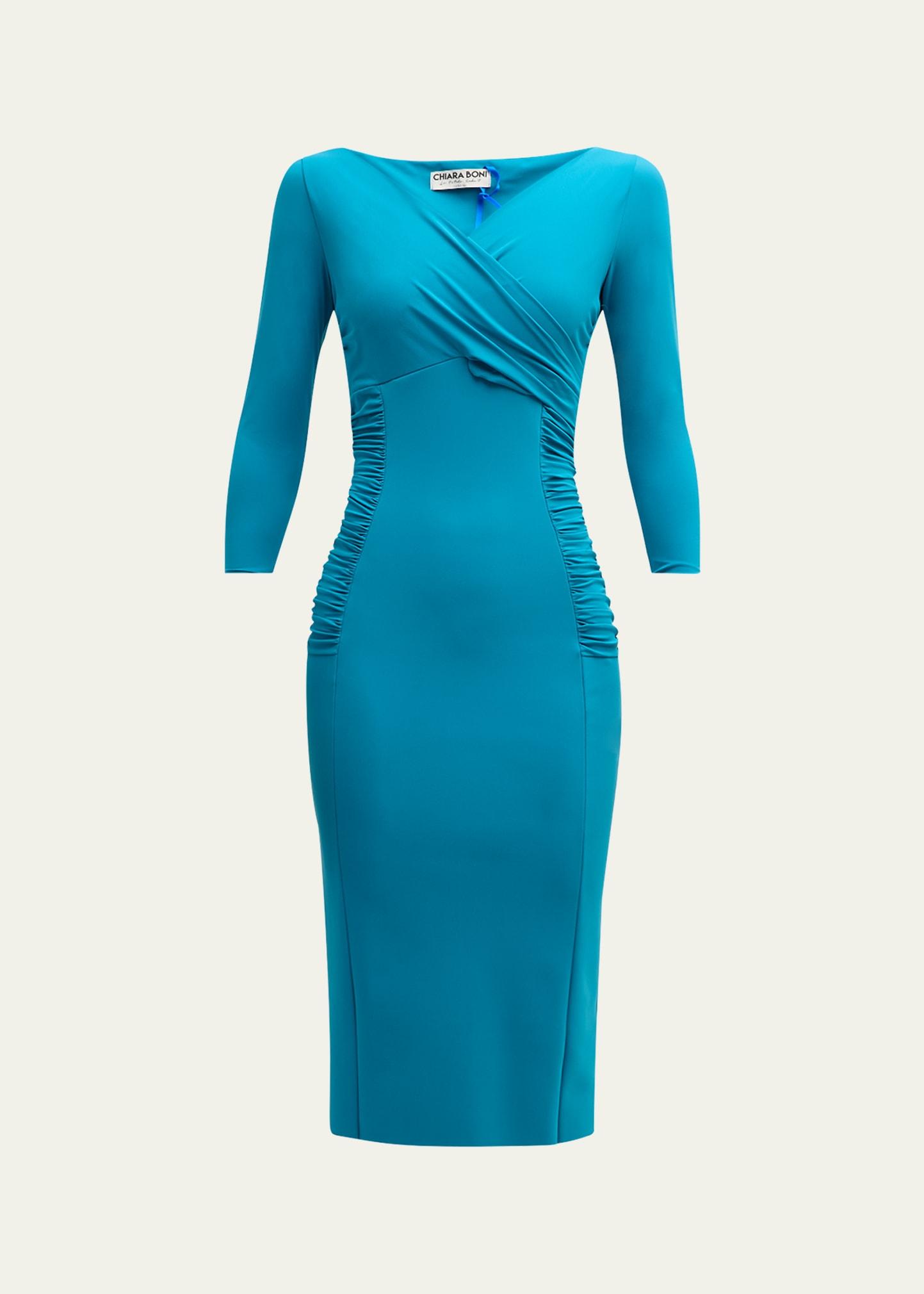 ruched 3/4-sleeve bodycon dress