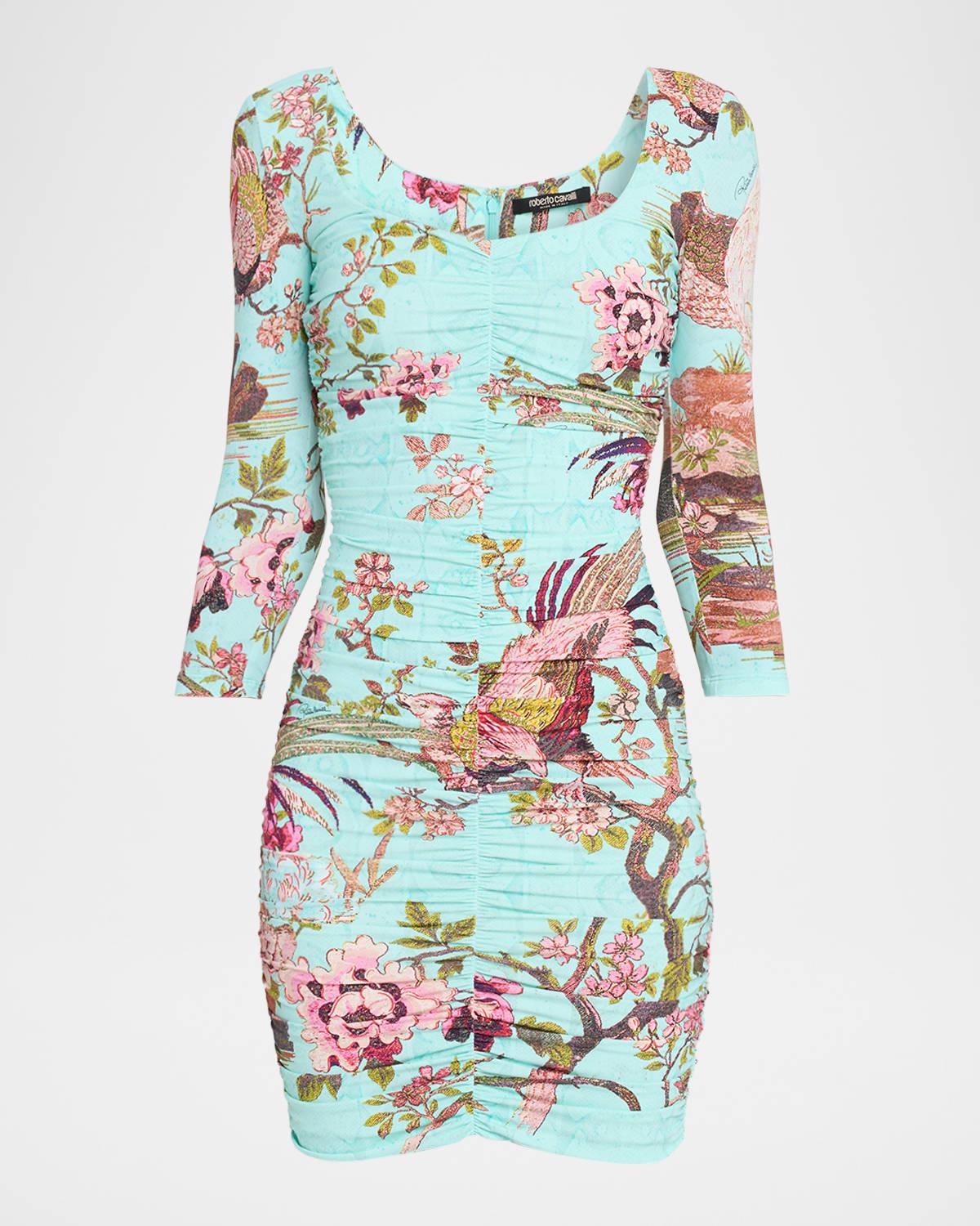 ruched 3/4-sleeve mini dress