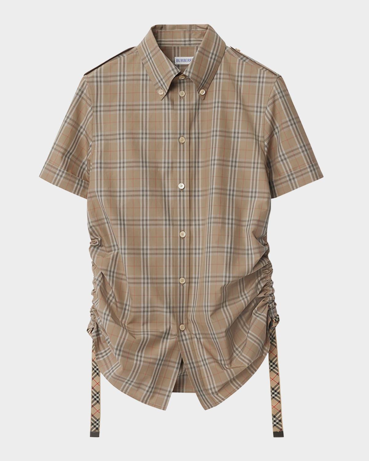 ruched check short-sleeve shirt