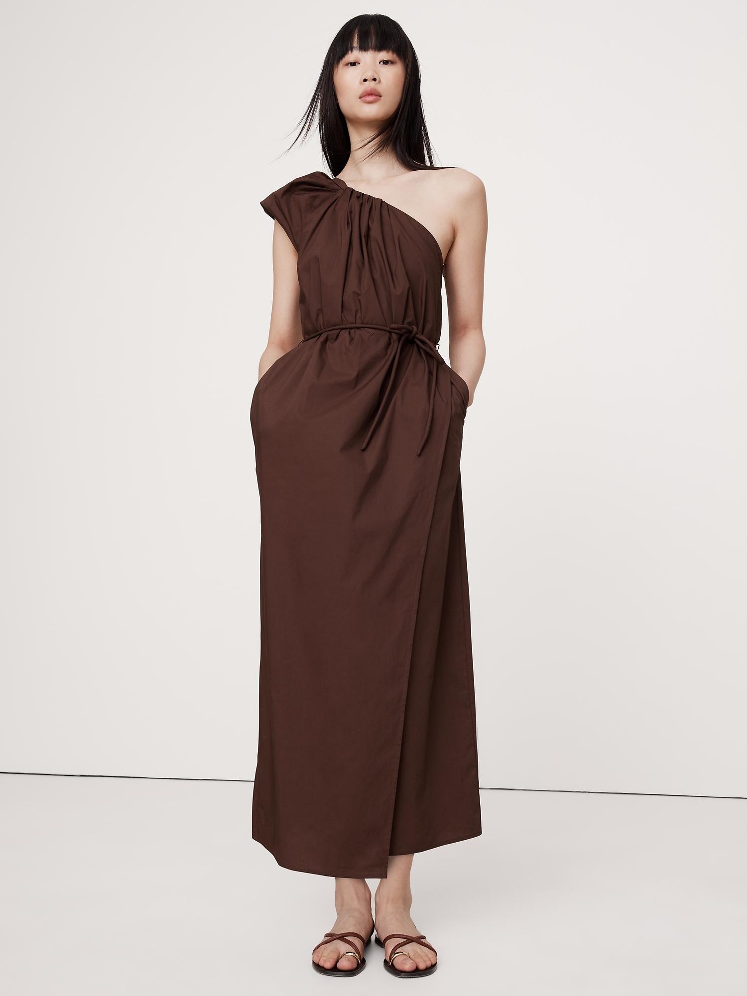 ruched cotton poplin one-shoulder maxi dress