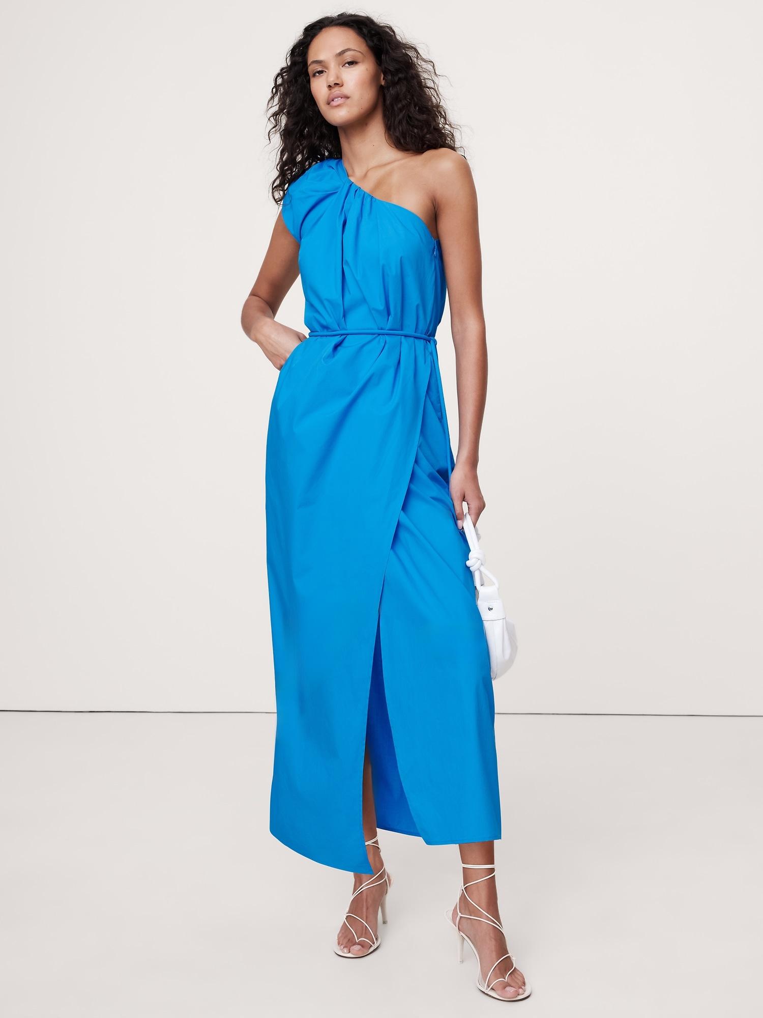 ruched cotton poplin one-shoulder maxi dress