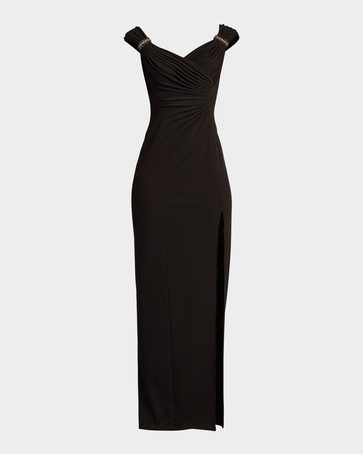 ruched crepe column gown
