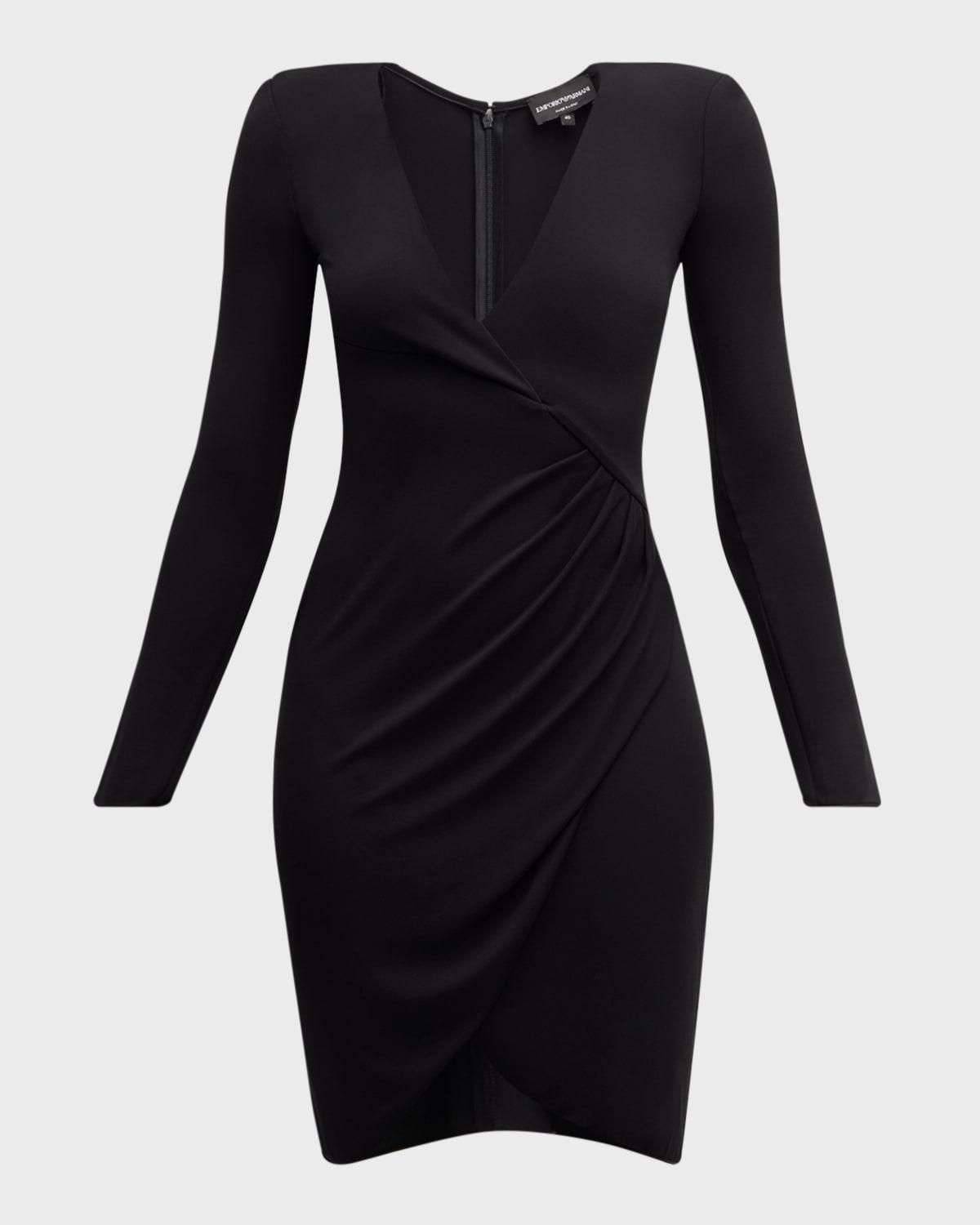 ruched faux-wrap jersey mini dress