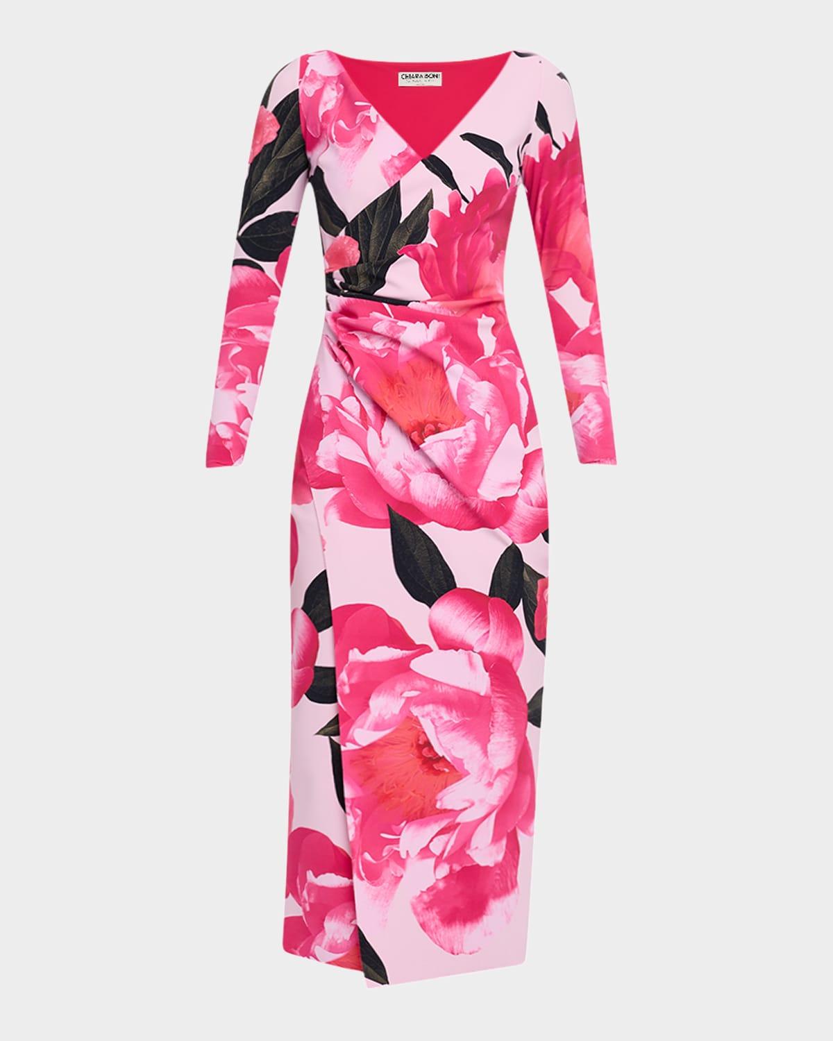 ruched floral-print bodycon midi dress