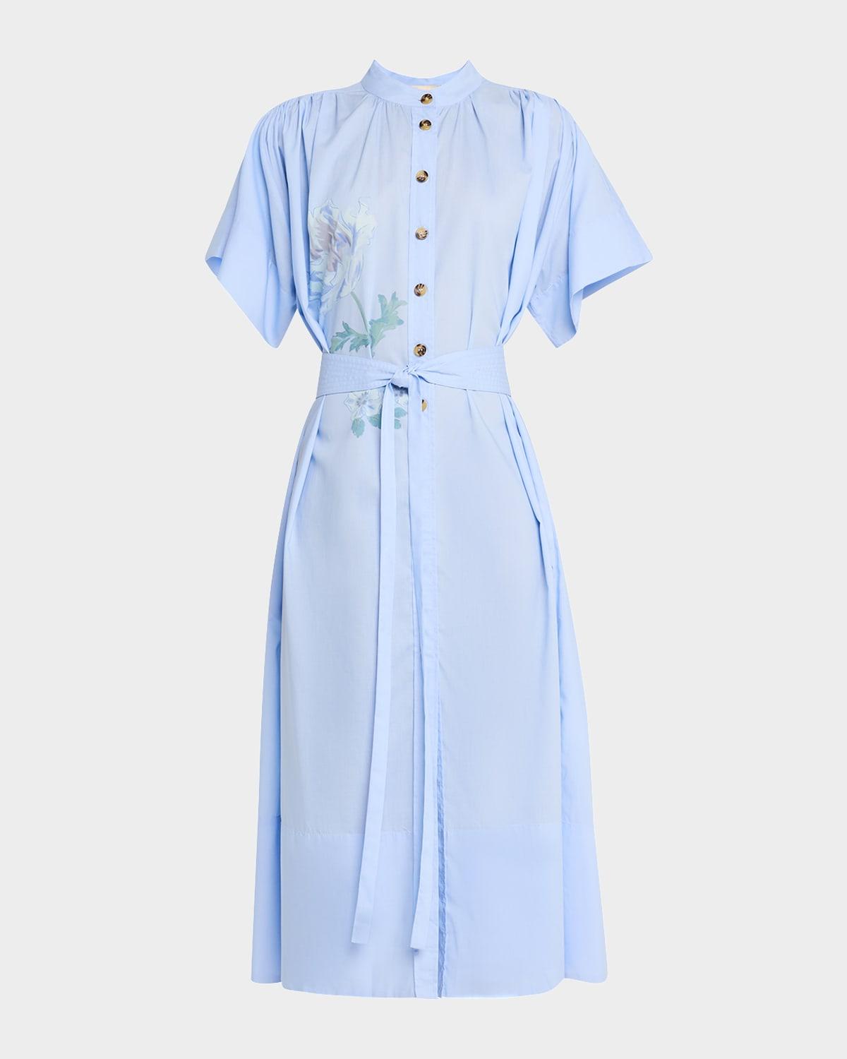 ruched floral-print midi shirtdress