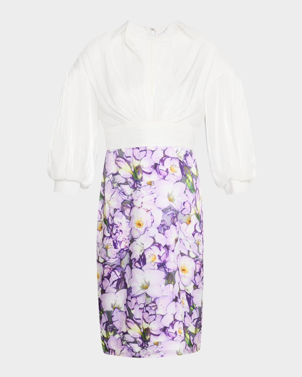 ruched floral-print mixed media dress