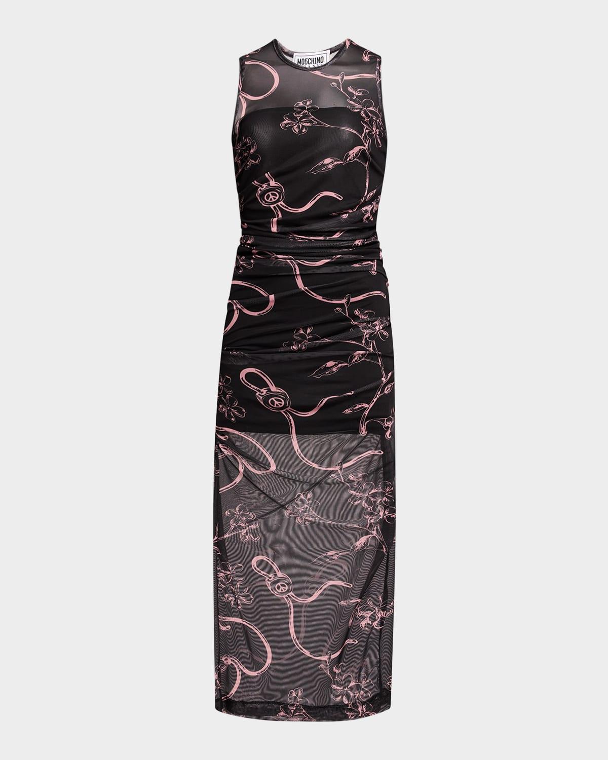 ruched floral tulle midi dress