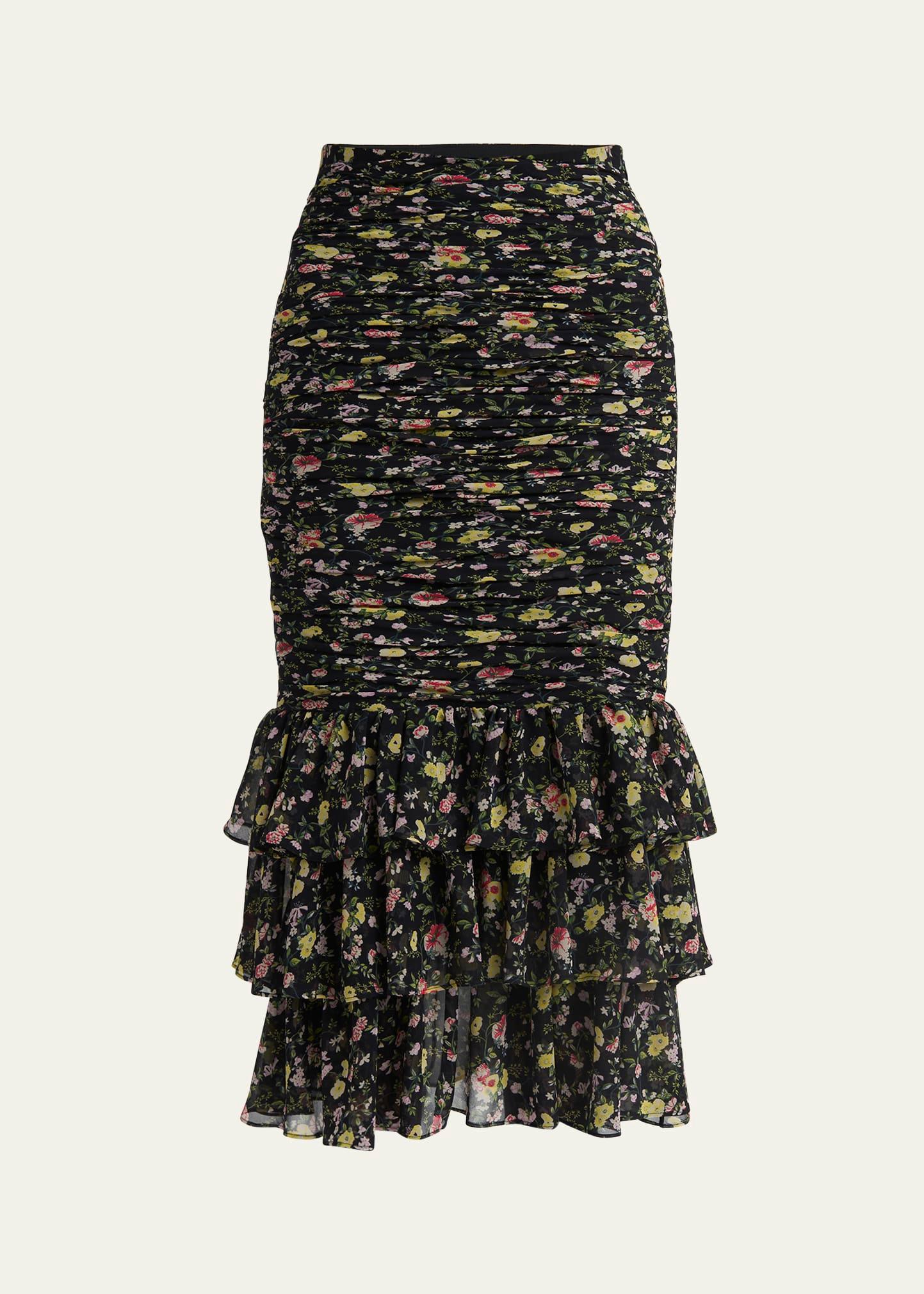 ruched flower print midi skirt with ruffle hem