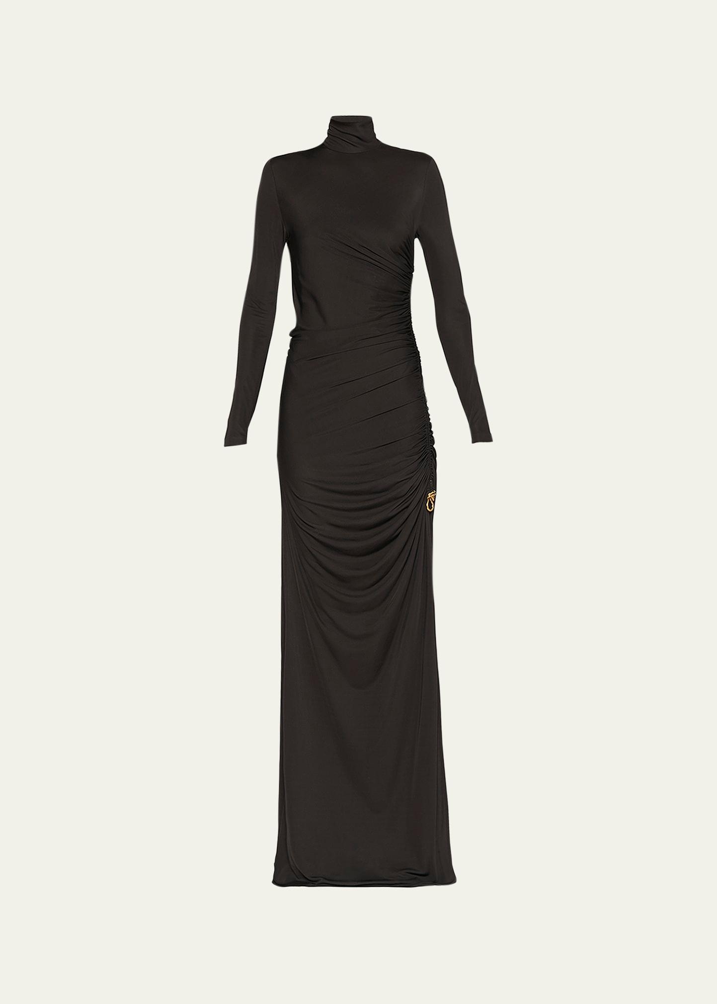 ruched high-neck jersey gown with knot detail