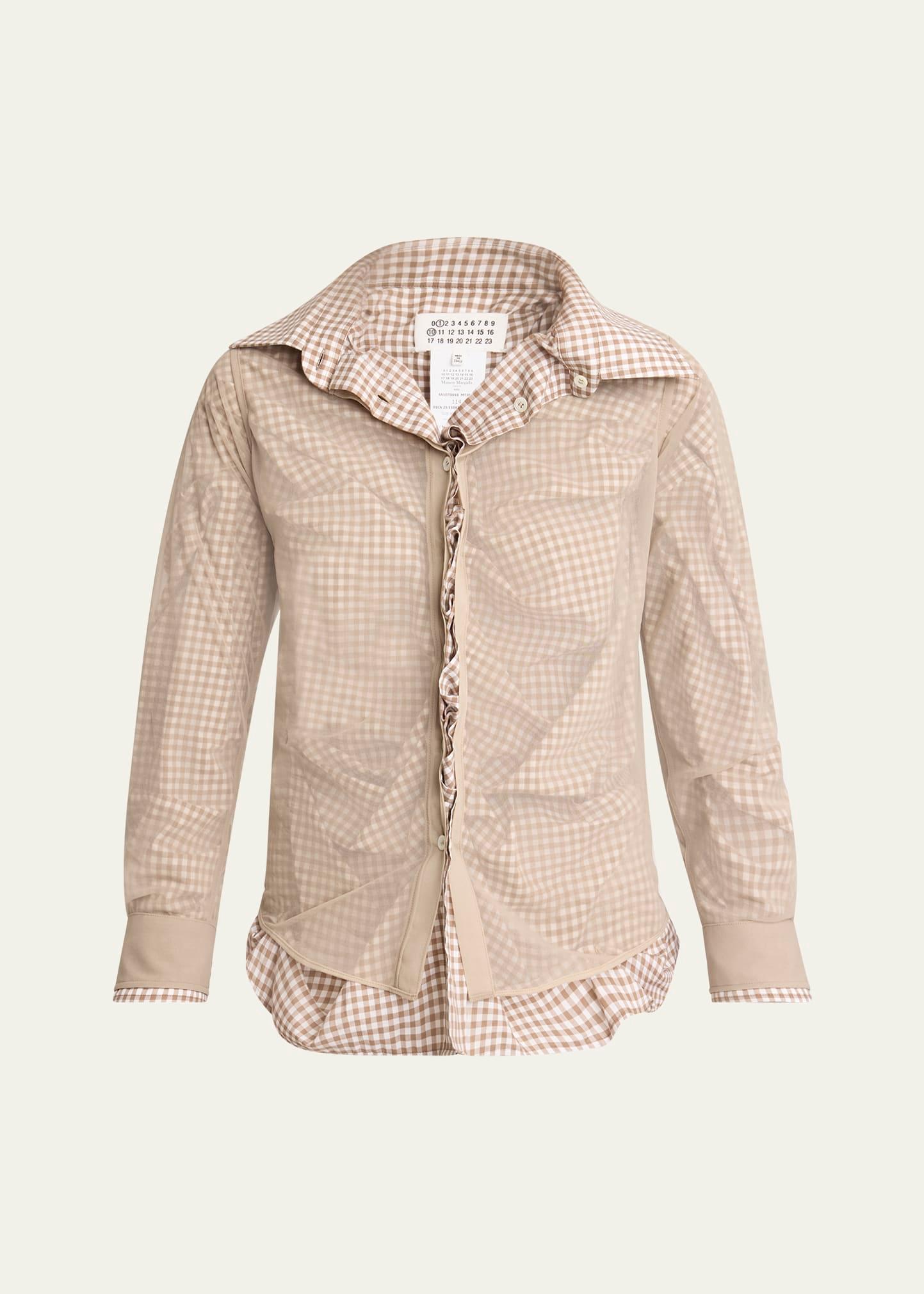 ruched hybrid check button down blouse