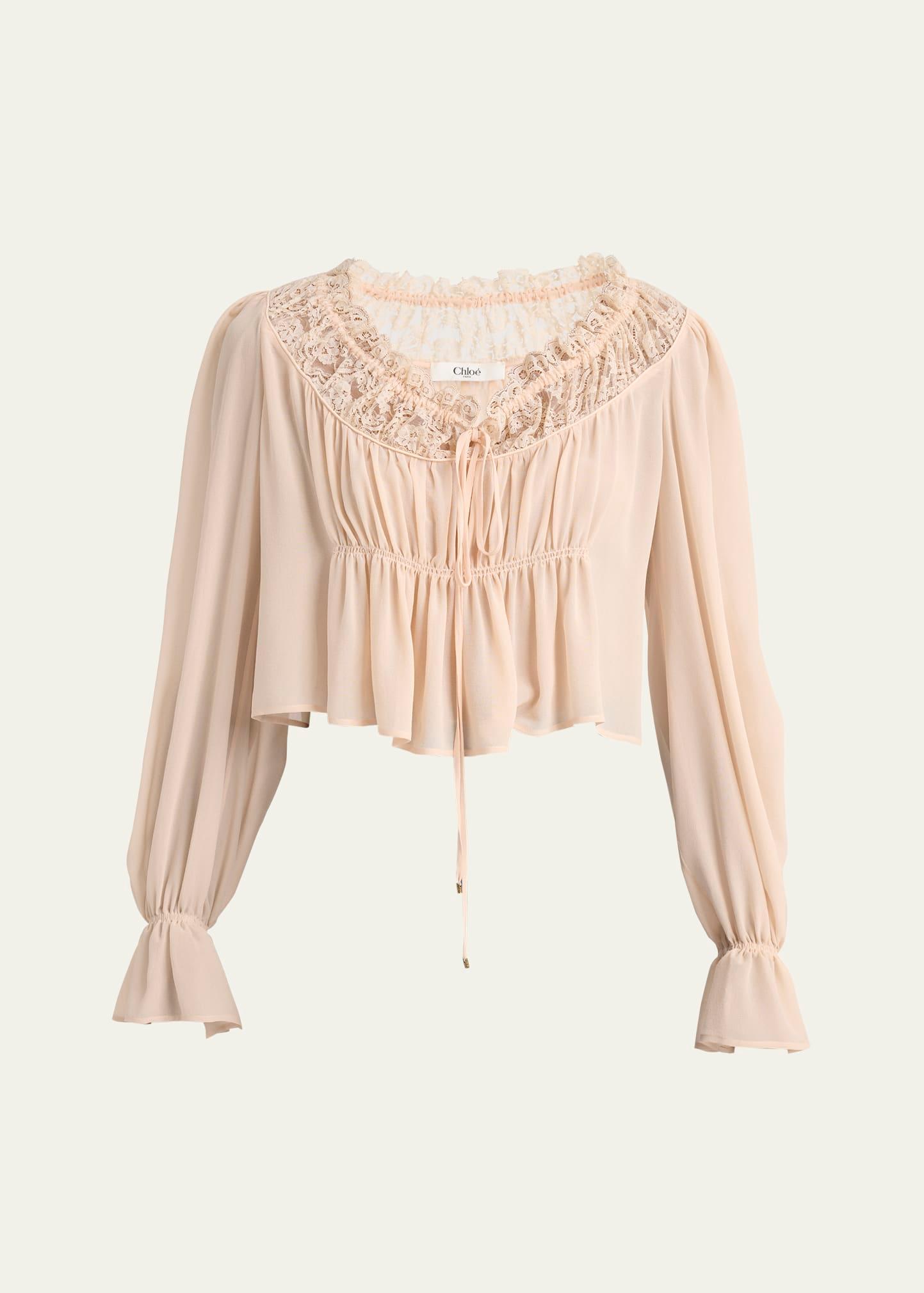 ruched lace silk peasant blouse